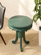 Load image into Gallery viewer, Vintage 1970s forest green round side table with layered top, scalloped apron, and curved legs

