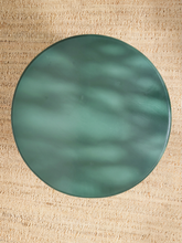 Load image into Gallery viewer, Vintage 1970s forest green round side table with layered top, scalloped apron, and curved legs
