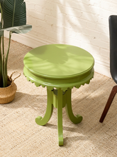 Load image into Gallery viewer, Vintage 1970s chartreuse green round side table with layered top, scalloped apron, and curved legs
