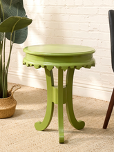Load image into Gallery viewer, Vintage 1970s chartreuse green round side table with layered top, scalloped apron, and curved legs
