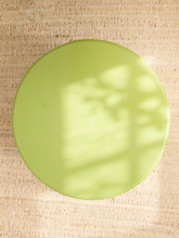 Load image into Gallery viewer, Vintage 1970s chartreuse green round side table with layered top, scalloped apron, and curved legs
