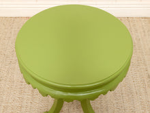 Load image into Gallery viewer, Vintage 1970s chartreuse green round side table with layered top, scalloped apron, and curved legs

