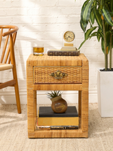 Load image into Gallery viewer, Pair of Vintage Rattan Nightstands with Drawers and Brass-Tone Hardware
