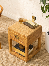 Load image into Gallery viewer, Pair of Vintage Rattan Nightstands with Drawers and Brass-Tone Hardware
