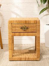 Load image into Gallery viewer, Pair of Vintage Rattan Nightstands with Drawers and Brass-Tone Hardware
