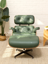 Load image into Gallery viewer, Deep green leather iconic lounge chair and matching tufted ottoman with metal bases
