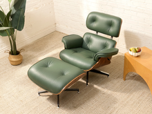 Load image into Gallery viewer, Deep green leather iconic lounge chair and matching tufted ottoman with metal bases
