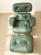 Load image into Gallery viewer, Deep green leather iconic lounge chair and matching tufted ottoman with metal bases
