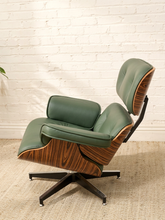 Load image into Gallery viewer, Deep green leather iconic lounge chair and matching tufted ottoman with metal bases
