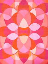 Load image into Gallery viewer, A close-up of a pink and orange textured fabric featuring a retro geometric pattern of overlapping circles and teardrop shapes.
