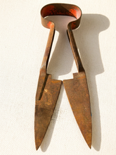 Load image into Gallery viewer, Antique primitive metal sheep shears with tapered blades, spring handles, and heavily aged rusted patina
