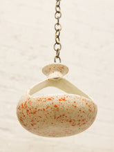 Load image into Gallery viewer, Vintage ceramic hanging bird feeder with cream glaze, orange-red speckles, open feeding area, and metal chain
