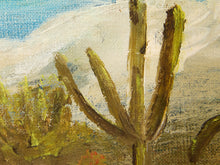Load image into Gallery viewer, Vintage framed desert landscape painting with saguaro cacti, mountain backdrop, blue sky, and carved wood frame
