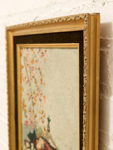 Load image into Gallery viewer, Vintage framed needlepoint artwork depicting a red pagoda, flowering tree branches, blue water, and distant mountains.
