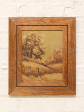 Load image into Gallery viewer, Vintage framed countryside landscape painting with trees, rustic fence, warm earth tones, and natural wood frame
