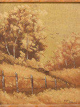 Load image into Gallery viewer, A framed landscape painting depicting a golden-brown field with a rustic fence, trees, and birds under a warm sky.
