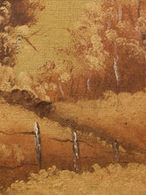 Load image into Gallery viewer, A close-up of a textured oil painting depicting a warm, golden-brown landscape with trees, a fence, and a field.
