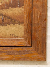 Load image into Gallery viewer, Close-up of a framed painting showing a warm brown and tan landscape scene with visible canvas texture, a wooden frame corner, and a small artist signature reading Mary Hibbard.
