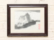 Load image into Gallery viewer, Vintage Chinese-style ink wash mountain landscape artwork with red seal in dark wood frame
