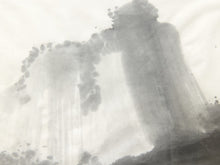 Load image into Gallery viewer, A monochrome ink-wash style artwork depicting two tall, misty mountain-like forms against a light off-white background.

