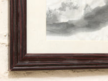 Load image into Gallery viewer, Close-up of a framed art print showing a dark reddish-brown wooden frame, white mat board, and a black and white ink-style landscape painting.
