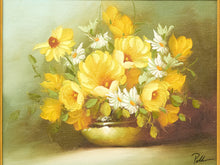Load image into Gallery viewer, A still life oil painting of a vibrant yellow and white flower bouquet in a metallic gold vase, set against a soft, muted green and brown background.
