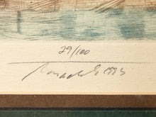Load image into Gallery viewer, Close-up of a printed artwork or print margin showing a blue-green water scene above a cream paper band with handwritten text reading '29/100' and a signature.
