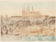 Load image into Gallery viewer, A sepia-toned architectural sketch or print depicting a historic cityscape with a cathedral, buildings, trees, and water in the foreground.
