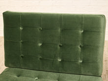 Load image into Gallery viewer, Vintage Barcelona-style lounge chair with olive green button-tufted seat and back, polished metal frame, and support straps
