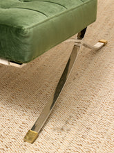 Load image into Gallery viewer, Vintage Barcelona-style lounge chair with olive green button-tufted seat and back, polished metal frame, and support straps
