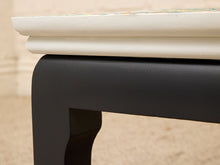 Load image into Gallery viewer, Vintage square side table with abstract green, orange, and yellow splatter-painted top and dark curved-leg base

