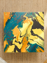 Load image into Gallery viewer, Vintage square side table with swirling yellow, orange, teal, and black marbled abstract top and dark curved-leg base
