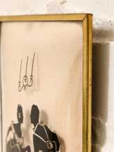Load image into Gallery viewer, Vintage framed silhouette artwork of elegantly dressed Victorian-style couple in black on a blush background with gold-tone frame
