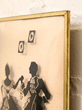 Load image into Gallery viewer, A close-up of a framed vintage art print featuring black silhouette cutouts of dancing figures on a warm cream background, with a distressed gold frame against a textured white wall.

