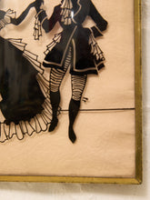 Load image into Gallery viewer, A close-up of a framed vintage art print featuring black silhouette figures on a warm beige background, with a gold-toned frame visible on the right and bottom edges.
