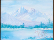 Load image into Gallery viewer, A landscape painting of snow-covered mountains and a frozen lake, rendered in soft icy blue tones with teal trees and a few pale pink reeds in the foreground.
