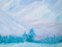 Load image into Gallery viewer, A close-up of a painted winter landscape on canvas, showing soft blue and white mountains or hills with a row of dark blue evergreen trees in the foreground.
