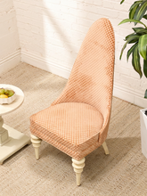 Load image into Gallery viewer, Peach checkered upholstered Hollywood Regency slipper chair with tall arched back, cushioned seat, and cream-painted legs
