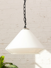 Load image into Gallery viewer, Vintage hanging pendant lamp with glossy white glass cone shade, metal top fitting, dark chain, and rounded ceiling canopy
