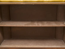 Load image into Gallery viewer, Three empty brown wooden shelves with a yellow bamboo-like trim visible along the top edge.
