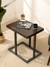 Load image into Gallery viewer, Modern square side table with dark stained wood grain top and open geometric black metal frame base

