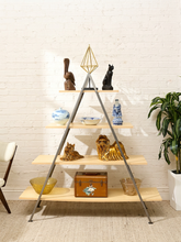 Load image into Gallery viewer, Modern four-tier A-frame display shelf with graduated natural wood shelves and slender dark metal supports
