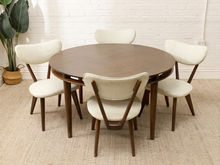 Load image into Gallery viewer, 1960s Mid-Century round wood game table with four upholstered dining chairs featuring curved backs and tapered wood legs

