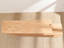 Load image into Gallery viewer, Vintage three-tier natural wood display shelf with long staggered shelves, rounded edges, slender dowel supports, and visible wood grain
