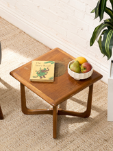 Load image into Gallery viewer, Distressed Mid-Century Lane wood side table with rounded square top, circular decorative detail, curved legs, and crossed base
