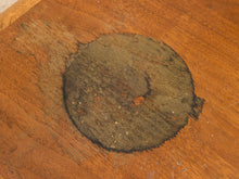 Load image into Gallery viewer, Distressed Mid-Century Lane wood side table with rounded square top, circular decorative detail, curved legs, and crossed base
