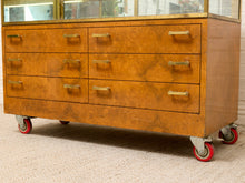Load image into Gallery viewer, Vintage Burl Wood &amp; Brass Rolling Display Cabinet

