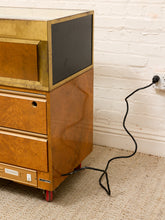 Load image into Gallery viewer, Vintage Burl Wood &amp; Brass Rolling Display Cabinet
