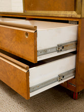 Load image into Gallery viewer, Vintage Burl Wood &amp; Brass Rolling Display Cabinet

