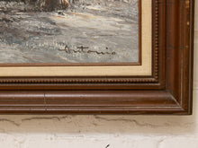Load image into Gallery viewer, Close-up of a framed painting showing part of a landscape scene with gray and white brushstrokes, a dark brown wooden frame, a beige mat, and a white textured wall below.
